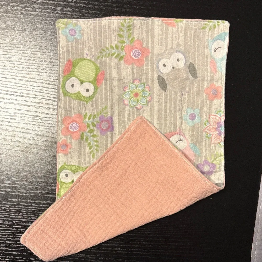 Homemade Owl & Floral Burp Cloth Set - Pink, Gray, Green